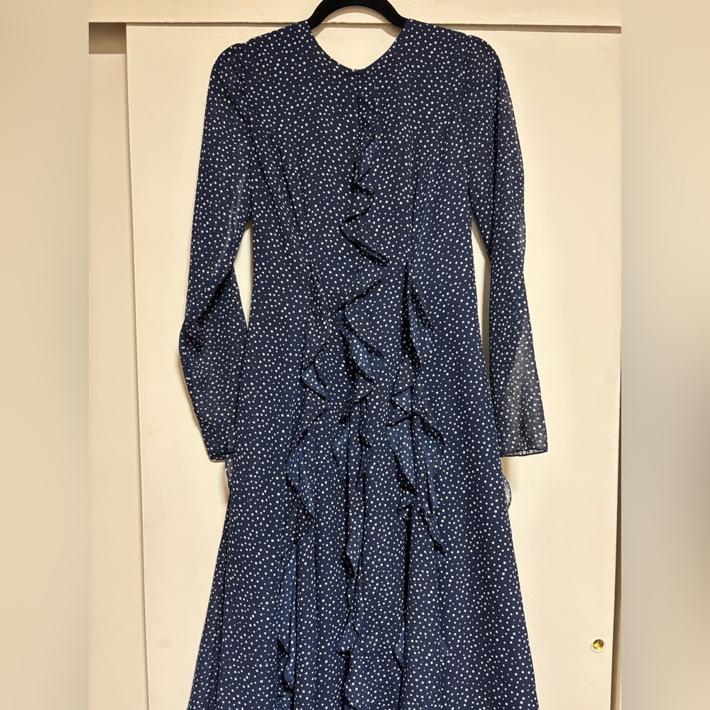 Mikael Aghal Navy Polka Dot Midi Dress with Ruffles